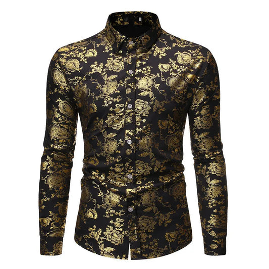 Men's wine red lapel shirt with metal bronzing print on collar, cardigan style with long sleeves