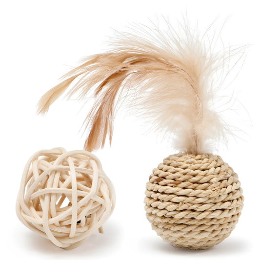 Two-piece cat toy set showing rattan ball and faux feather ball for interactive pet play