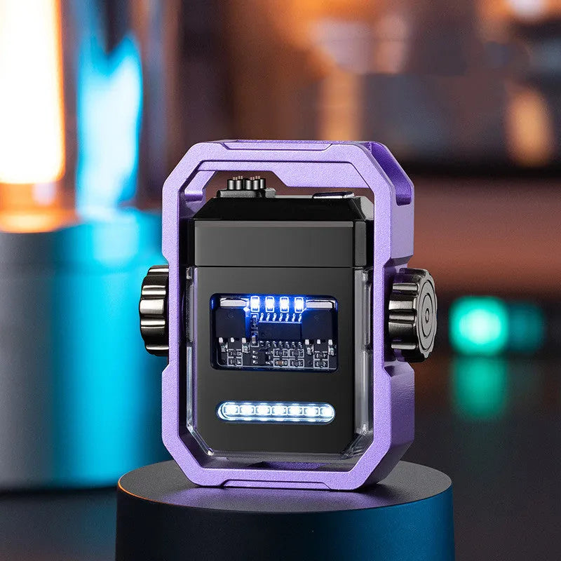 Pulse Lighter showing double arc flame, mechanical gyroscope, and folding zinc alloy body in blue colour