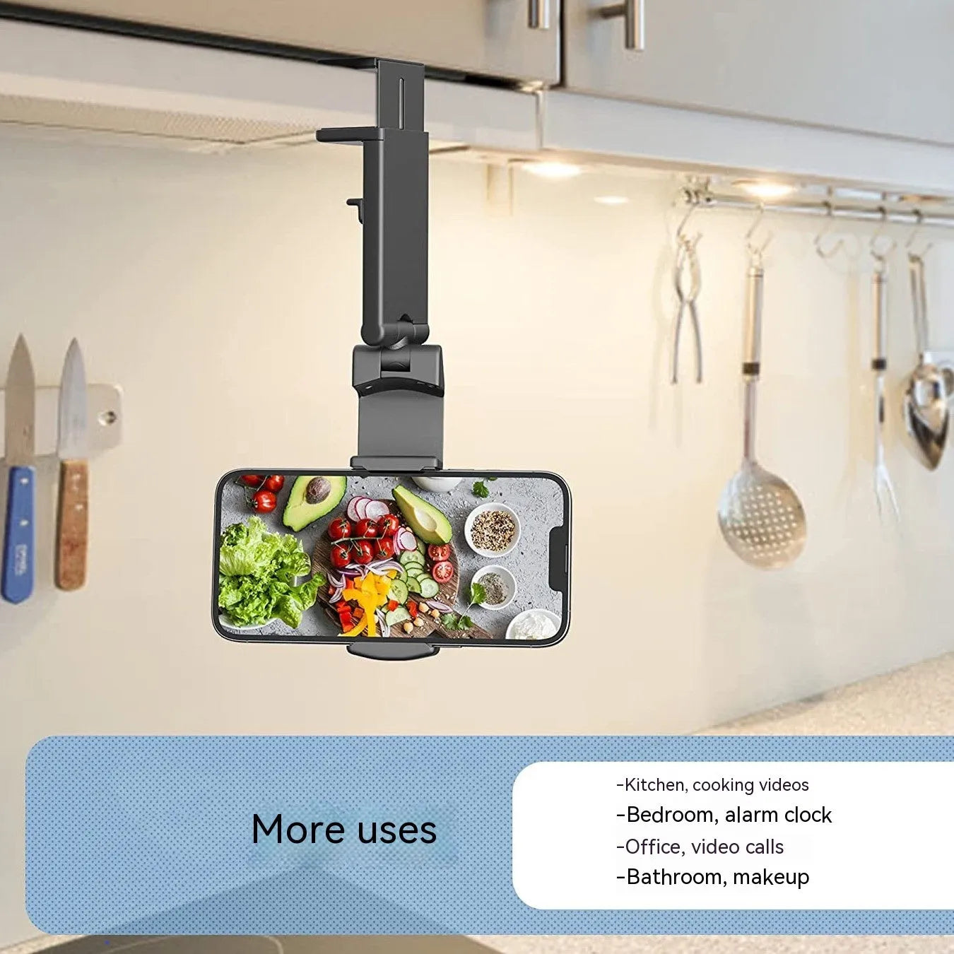 Black foldable rotating phone holder stand on a desk, showing universal phone compatibility and adjustable angles