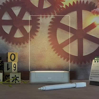 Transparent luminous acrylic desktop tablet with USB warm yellow light, 193mm x 100mm size, includes pen for writing