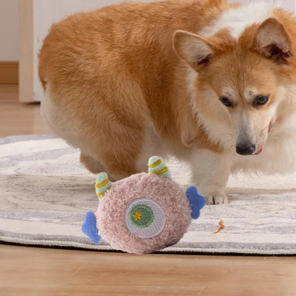 Cartoon-shaped plush dog chew toy with squeaker in grey, green, pink, white or yellow colours
