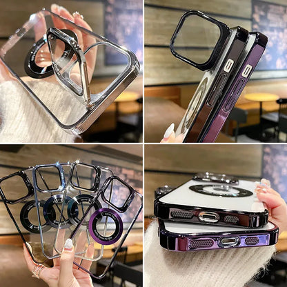 Magnetic electroplated mobile phone case for iPhone in dark purple with exposed leak-proof label detail