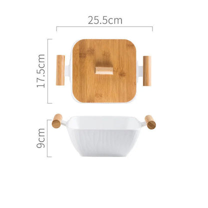 Porcelain ceramic bowl with irregular shape and matching lid in choice of four colours