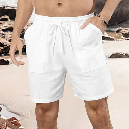 Men's straight leg linen shorts in light blue on a plain background