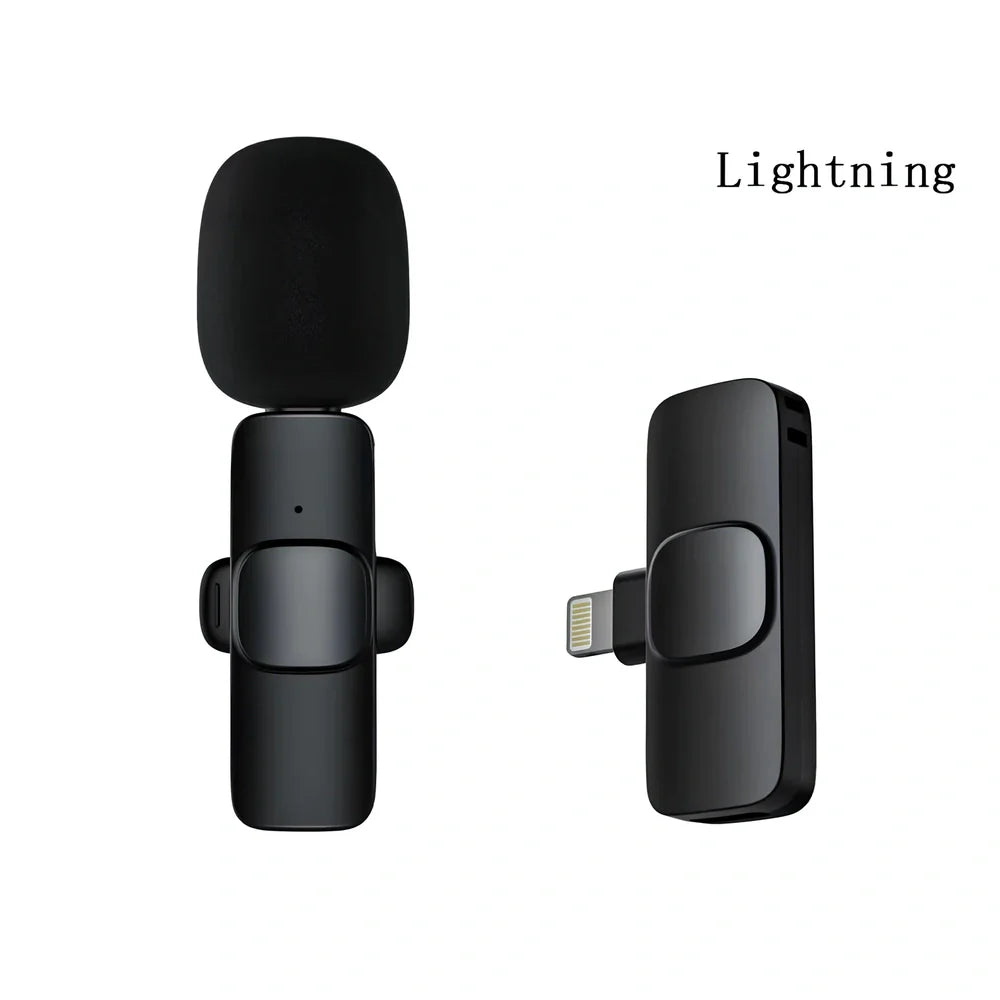 Wireless lavalier microphone with clip showing compact 130x90x25mm dimensions and multiple interface connectors