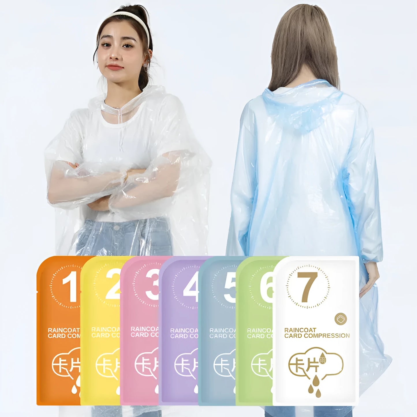 Disposable full body card raincoat in purple colour showing folded portable format