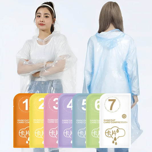 Disposable full body card raincoat in purple colour showing folded portable format