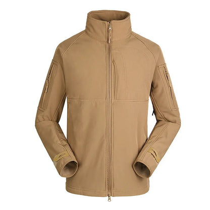 Men's thin commander stand collar outdoor jacket in green camouflage, shown unzipped.