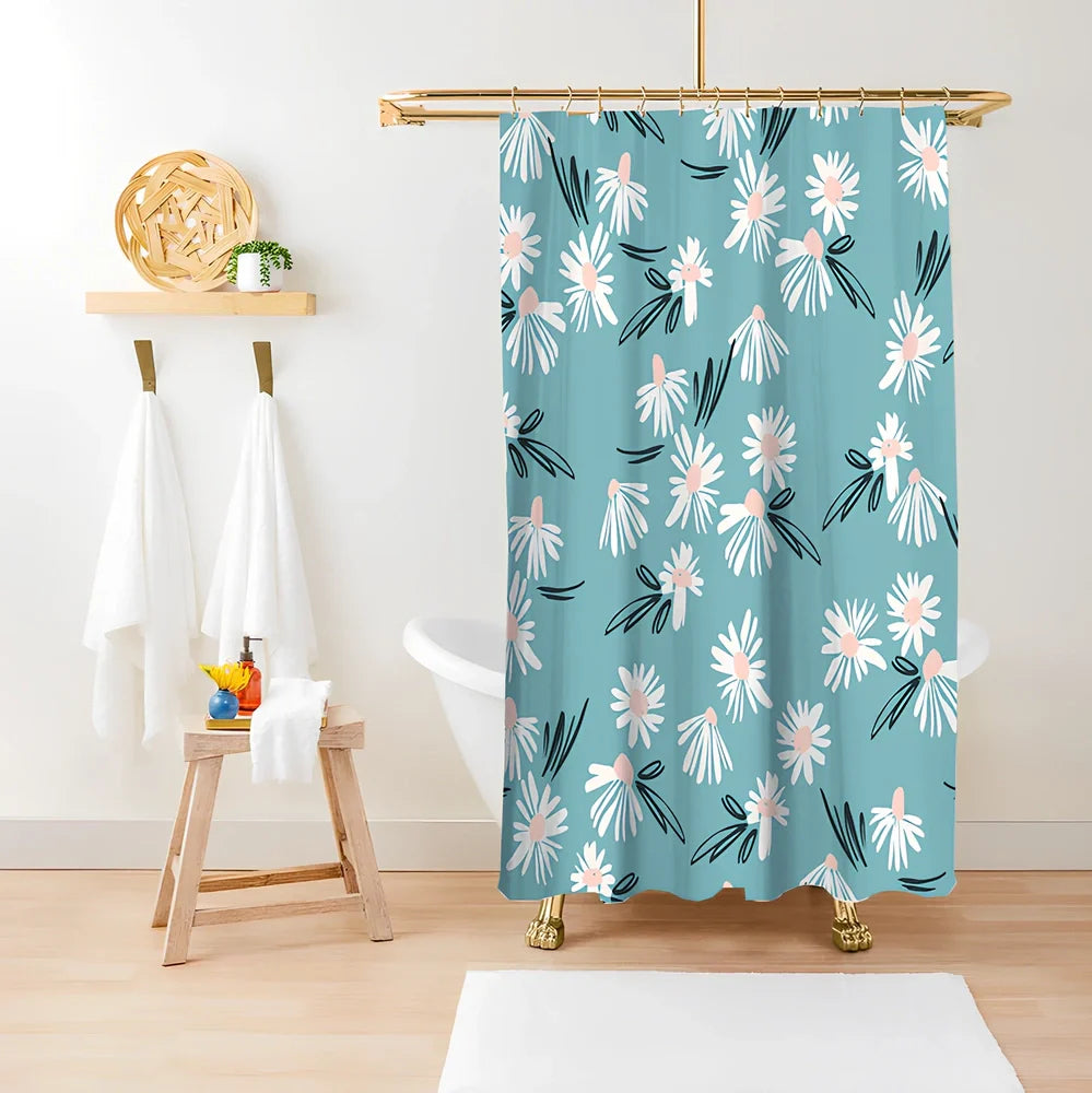 Green plant print shower curtain with waterproof polyester material in bathroom setting