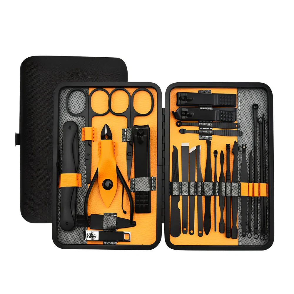 Beauty manicure nail care kit with stainless steel tools in red PU leather case weighing 397g