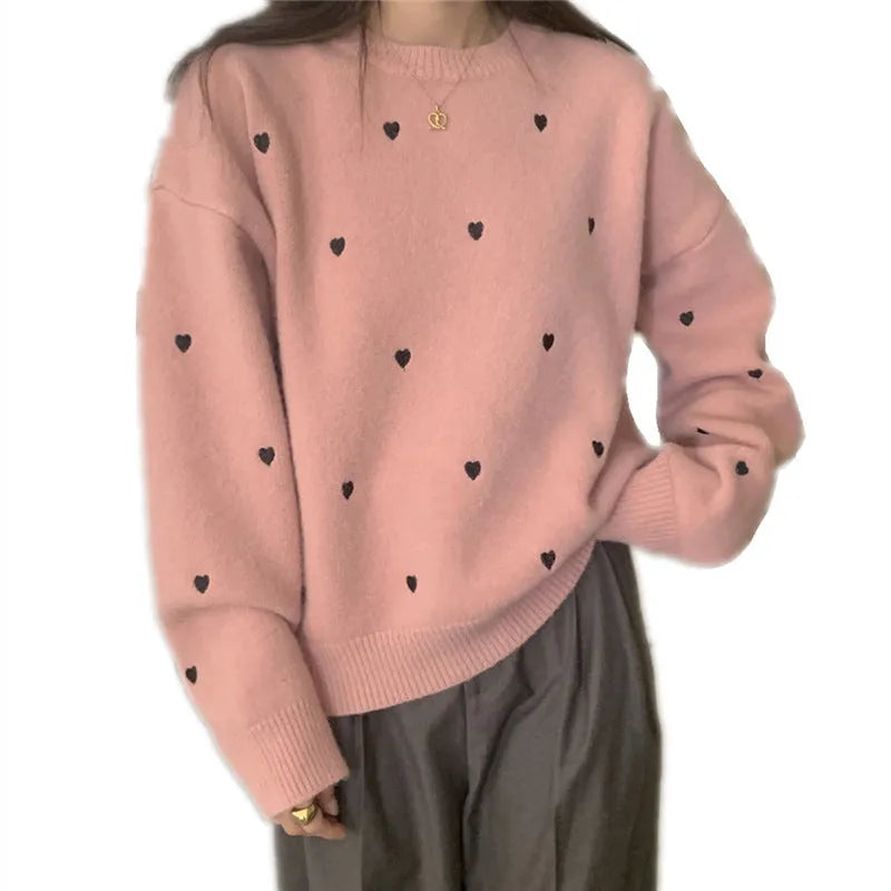 Women's loose fit acrylic pullover sweater with embroidered love pattern in milky white, grey, or pink