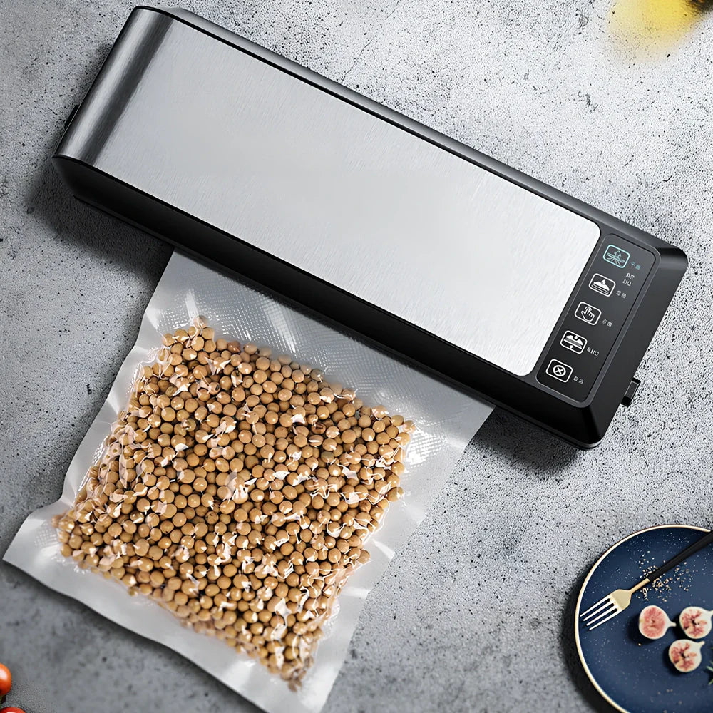 Black HP-9007 vacuum food sealer with 17x25cm bags, dimensions 14x35x5.5cm for home use