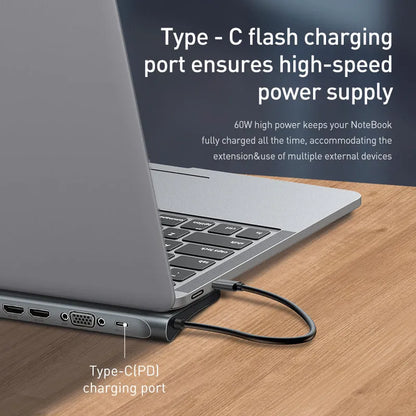 Grey aluminium alloy ten-port docking station with cooling bracket showing HDMI, VGA and USB ports