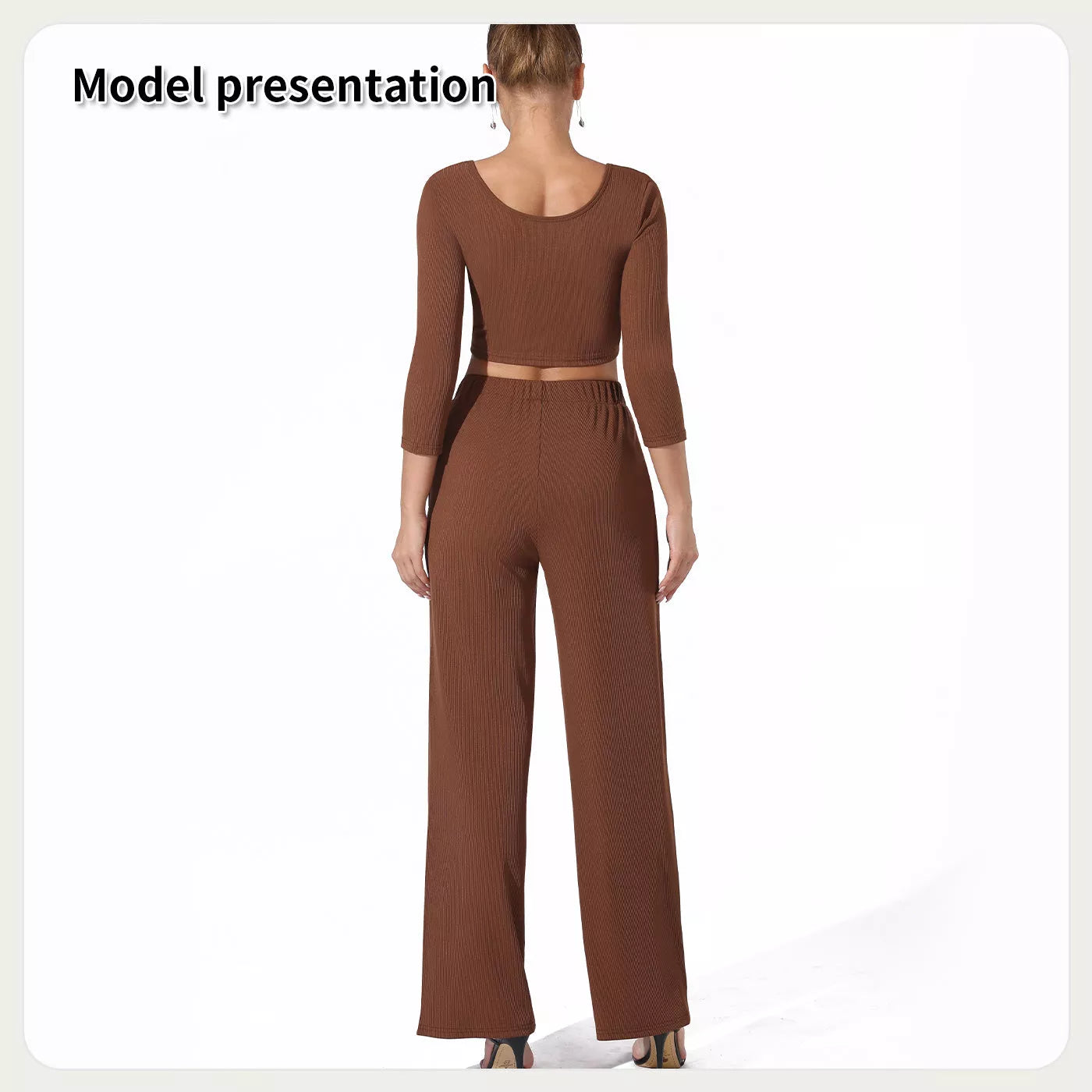 Women's solid color top and pants set in black or coffee, sizes S to 4XL