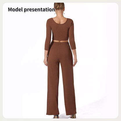 Women's solid color top and pants set in black or coffee, sizes S to 4XL