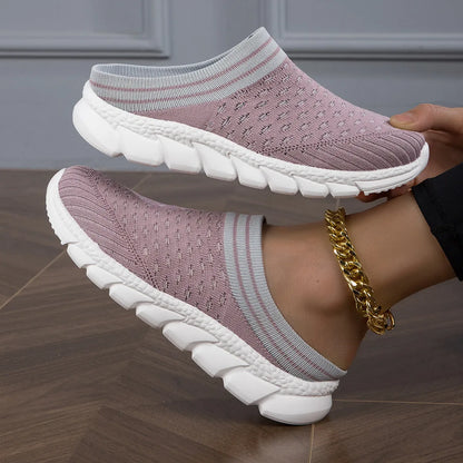 Women's black Flyknit semi-slipper shoes with striped pattern and hollowed-out design on viscose sole
