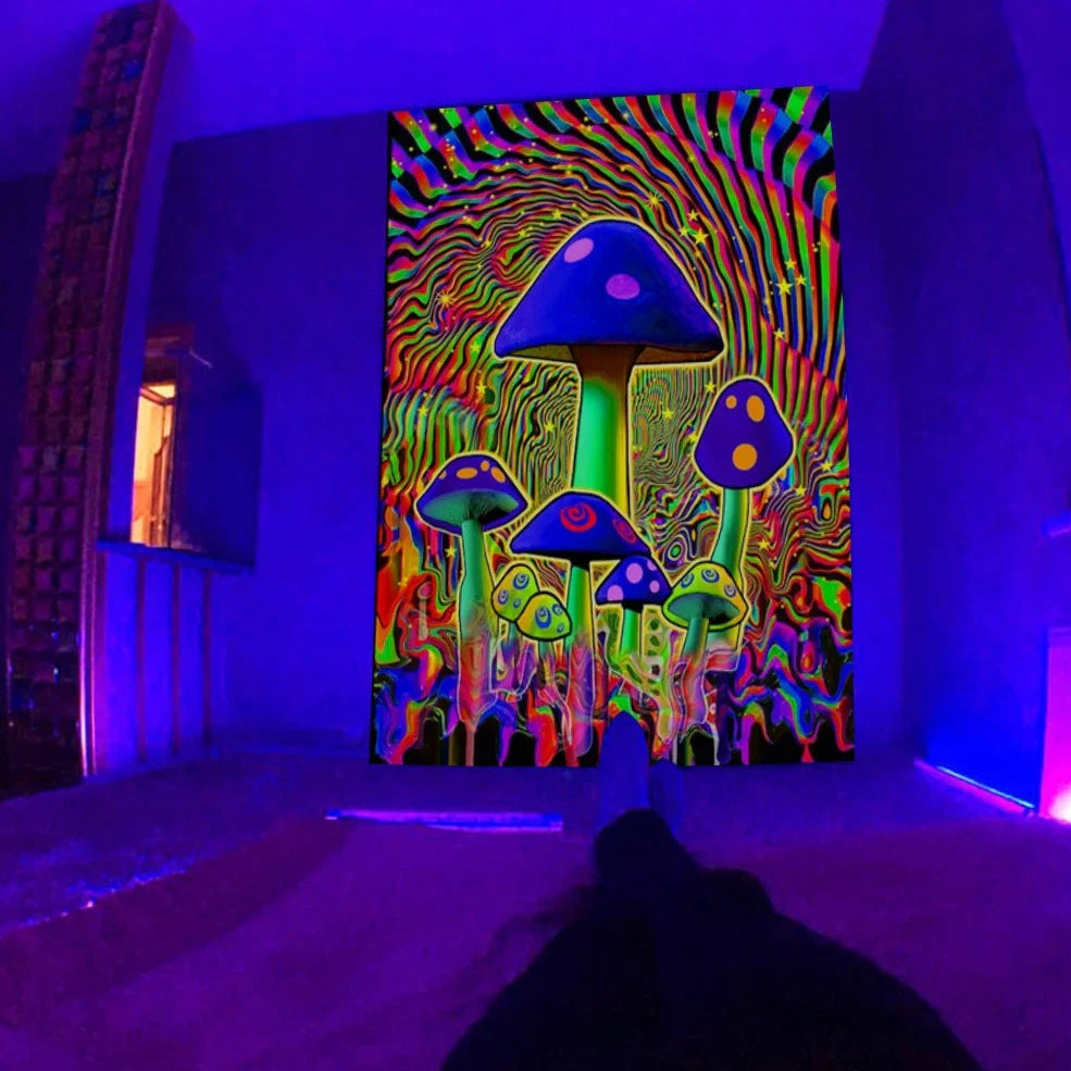 Fluorescent tapestry with psychedelic mushroom pattern glowing under UV light, measuring 150x130cm