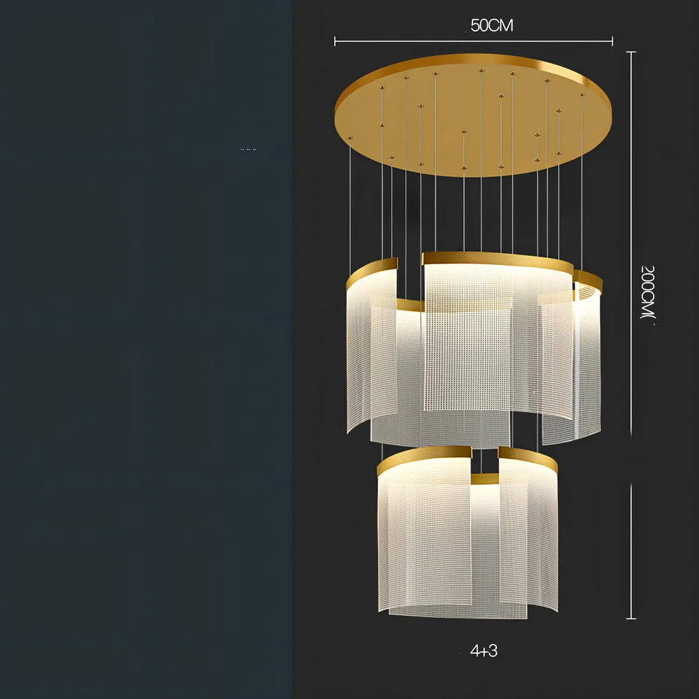 Villa Duplex large chandelier with multiple LED heads and gold mesh grid on stainless steel pendant