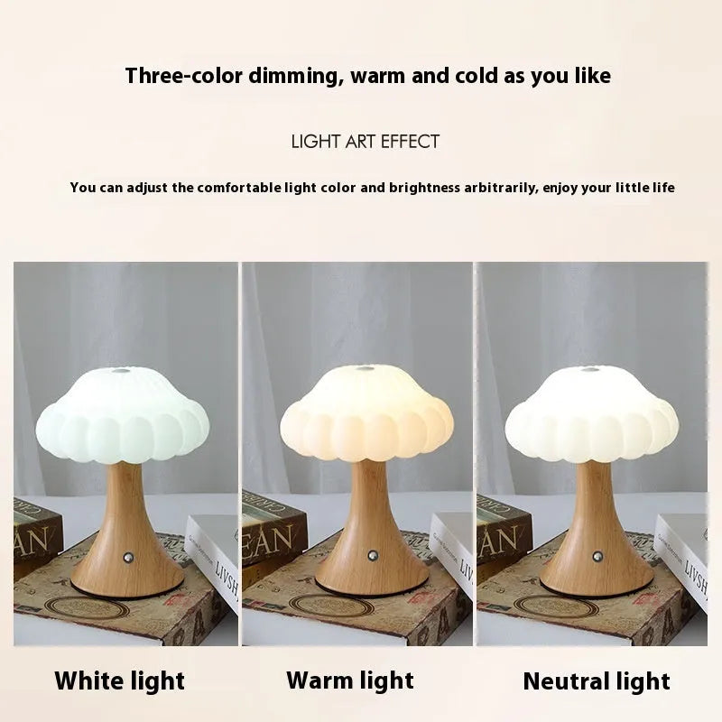 Mushroom-shaped touch lamp with USB charging port, 16cm diameter, in wood grain finish