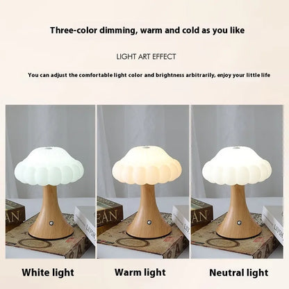 Mushroom-shaped touch lamp with USB charging port, 16cm diameter, in wood grain finish