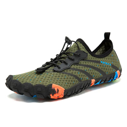Fast drainage outdoor fitness shoes in army green colour with mesh upper and rubber sole