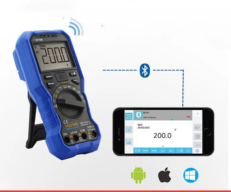 OW16B handheld digital multimeter with display, dial, and test leads for electrical voltage, current, and temperature measurement.