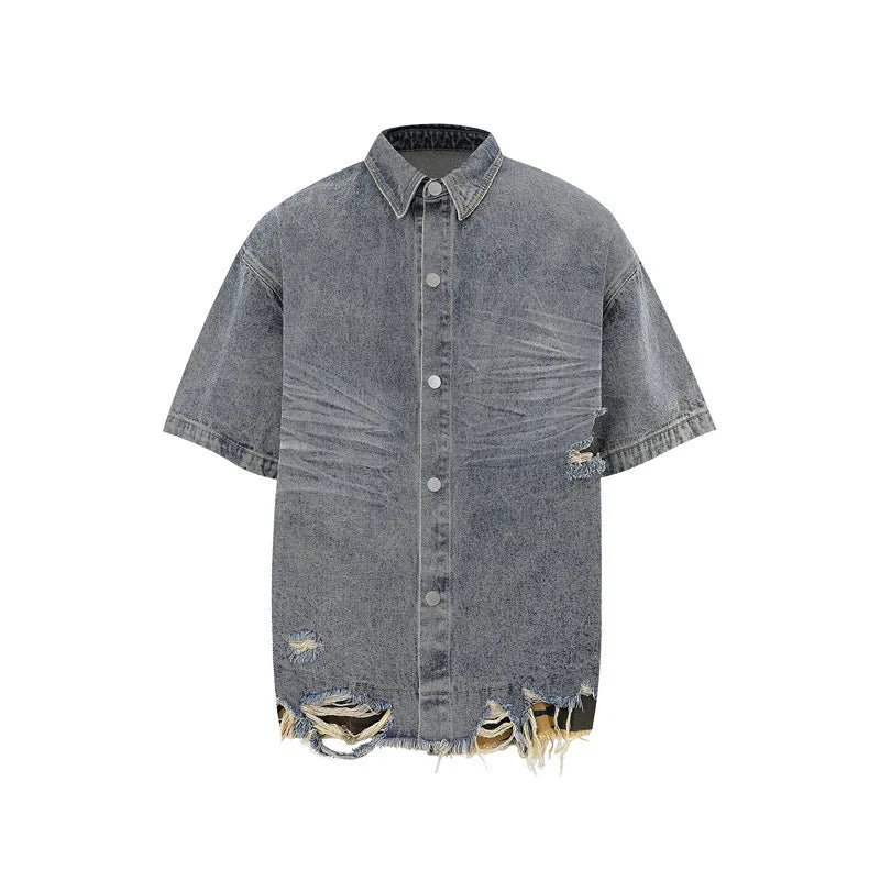 Men's black denim short sleeve suit with leopard print and cut edge stitching, paired with matching shorts.