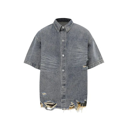 Men's black denim short sleeve suit with leopard print and cut edge stitching, paired with matching shorts.