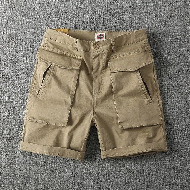 Men's straight-leg cargo shorts in Army Green with multiple pockets, showing micro-elastic cotton fabric detail