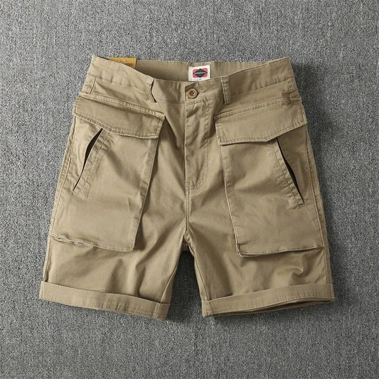 Men's straight-leg cargo shorts in Army Green with multiple pockets, showing micro-elastic cotton fabric detail