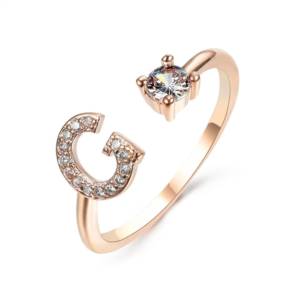 Personalized Initial Letter Adjustable Ring made of copper alloy and zircon, showcasing a vintage-inspired design