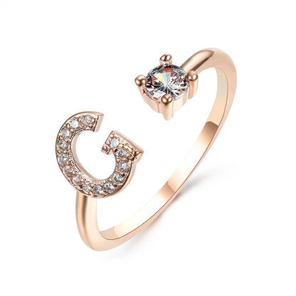 Personalized Initial Letter Adjustable Ring made of copper alloy and zircon, showcasing a vintage-inspired design