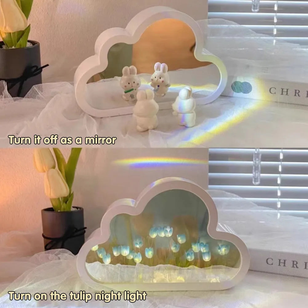 DIY tulip-shaped night lamp kit with LED lights and mirror surface in assorted colours on a desk.