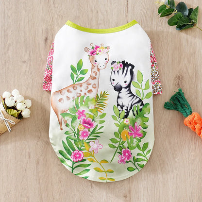 Small dog wearing printed t-shirt with bust measurement 47cm and back length 32cm for dogs 3.50kg-5.00kg