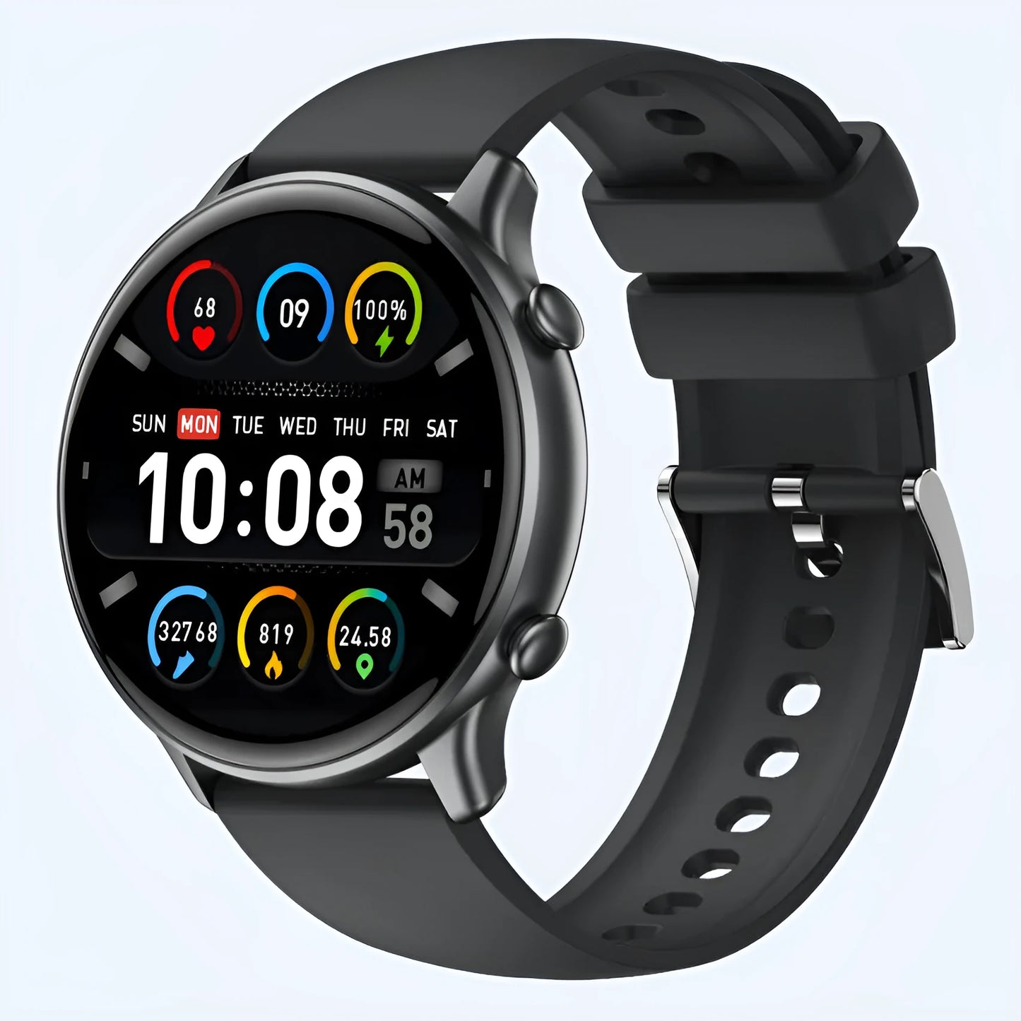 Round touch screen smart sports watch with silicone strap, showing heart rate and sleep monitoring display.