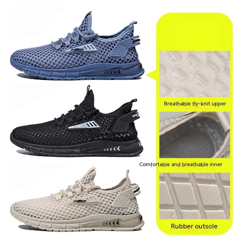 Men's beige mesh breathable sneakers with synthetic leather upper and lace-up closure