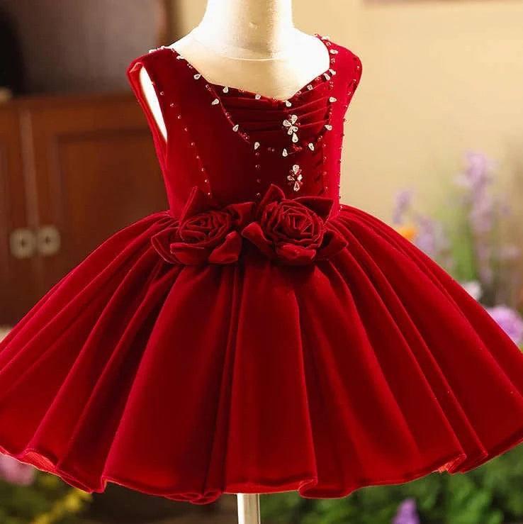 Girls sleeveless piano dress wine red colour slim fit round neck