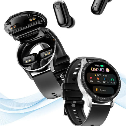 Black X7 smartwatch with detachable TWS earbud, showing 1.32-inch touch screen on a TPU wristband.