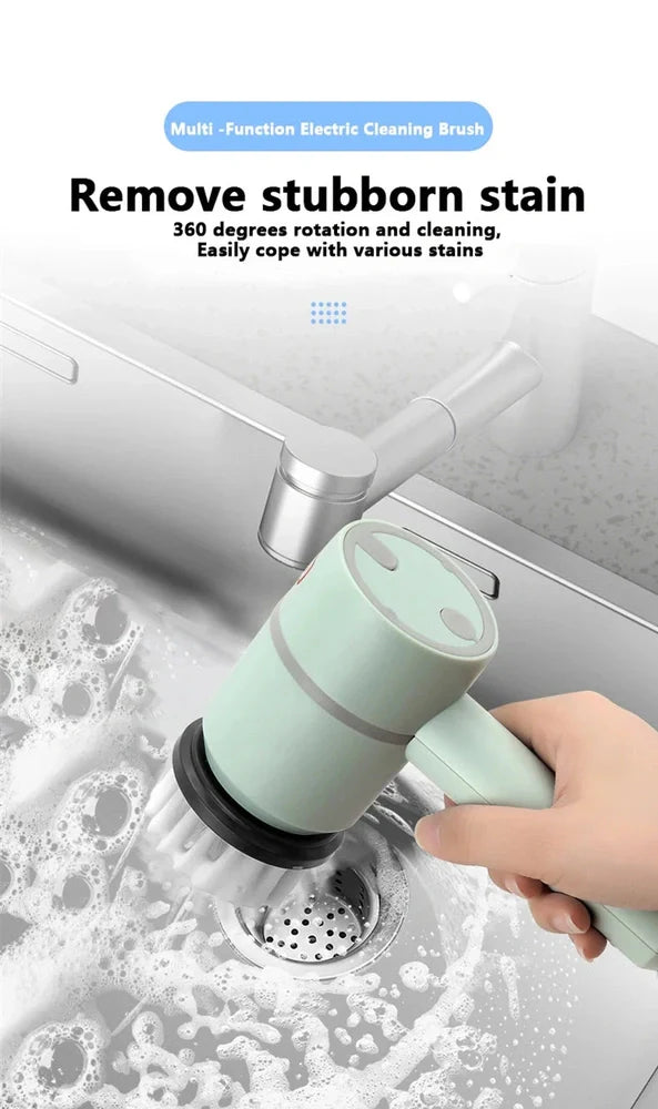 Electric cleaning brush with pink housing and multiple brush attachments for kitchen and bathroom surfaces