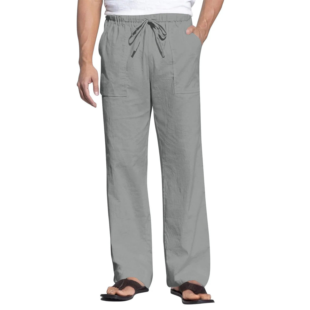 Men's straight leg cotton linen beach trousers with drawstring elastic waist