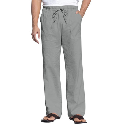 Men's straight leg cotton linen beach trousers with drawstring elastic waist