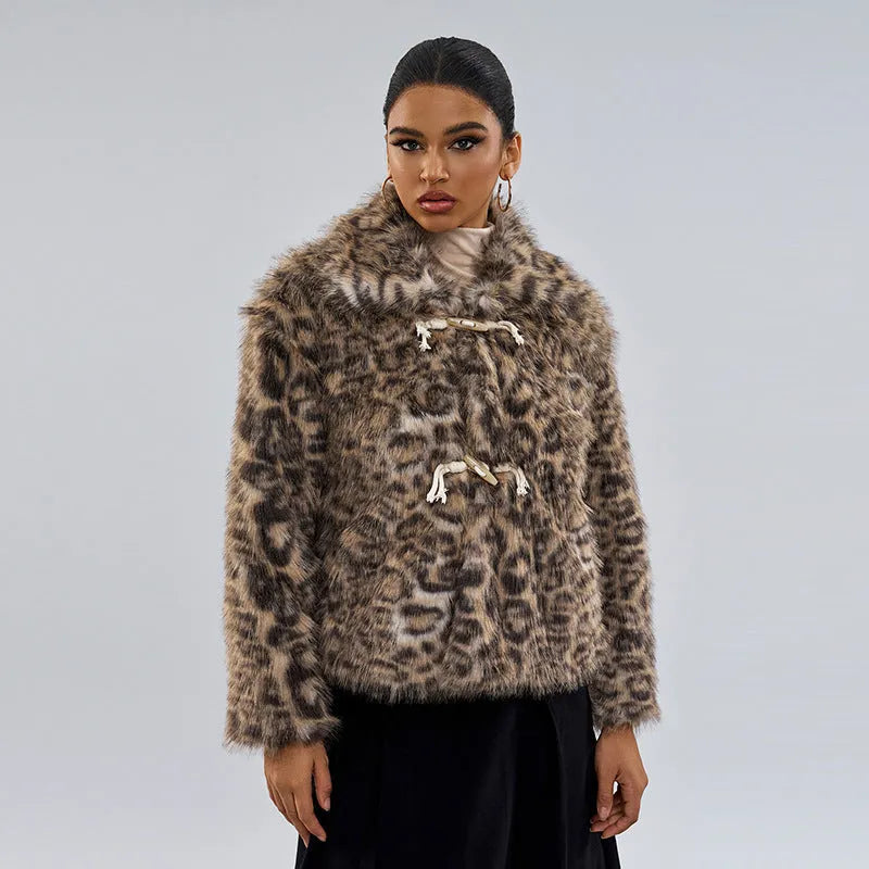Leopard print women's coat with buckle lapel detail, regular sleeves, and street fashion style