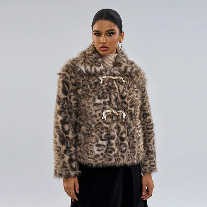 Leopard print women's coat with buckle lapel detail, regular sleeves, and street fashion style