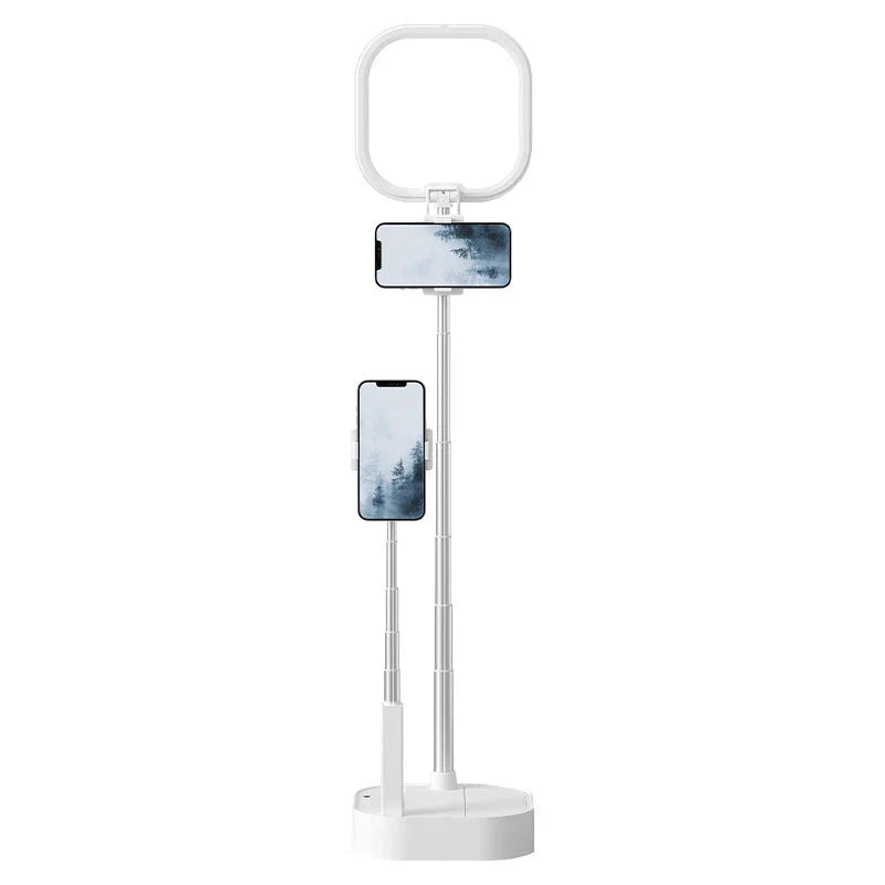 Versatile mobile phone broadcast stand with adjustable height, 360-degree rotation, and dimmable LED fill light for content creation