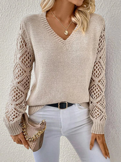 Stylish polyester fiber V-neck pullover sweater with unique hollow sleeve design, available in multiple vibrant colors