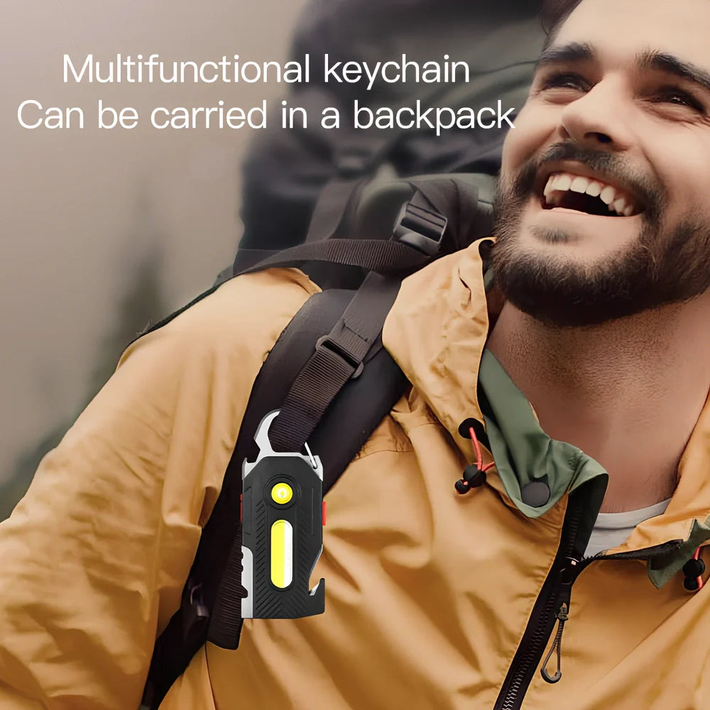 Multifunctional emergency light showing aluminium construction, tools, and 400LM COB lighting