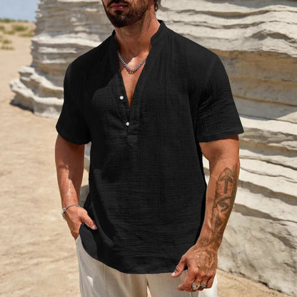 Men's solid colour short-sleeved shirt with stand collar, thin polyester blend fabric, available in black, white, light blue, khaki, navy blue, red, brown.