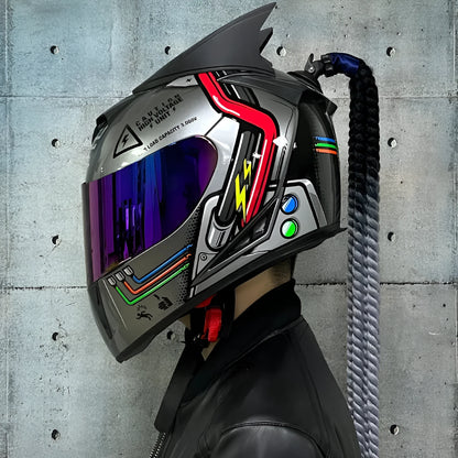 Dirty Braids motorcycle helmet with graphic design, ABS full-face construction for electric vehicles and motorcycles