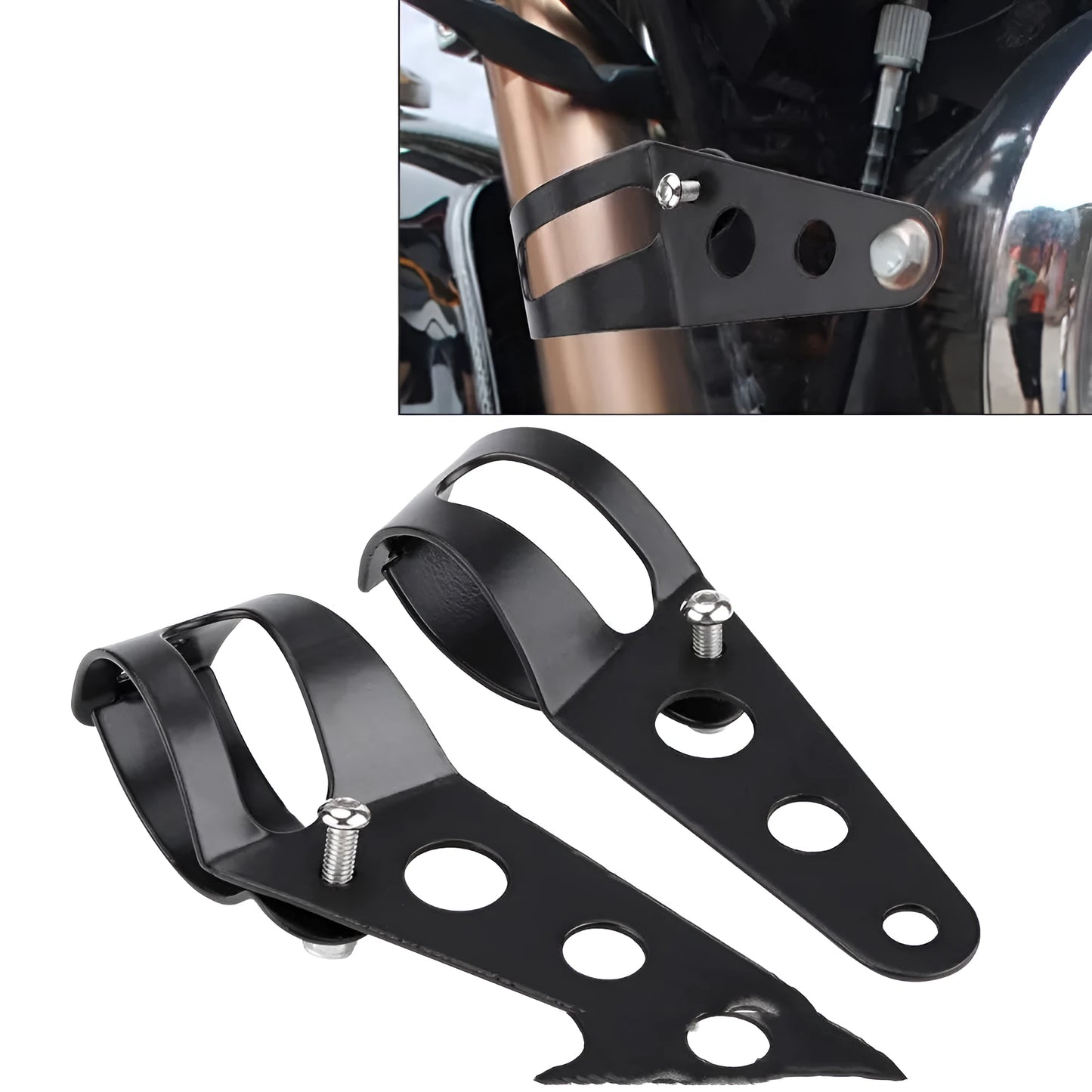 Black iron motorcycle headlamp support bracket pair for fork tube mounting
